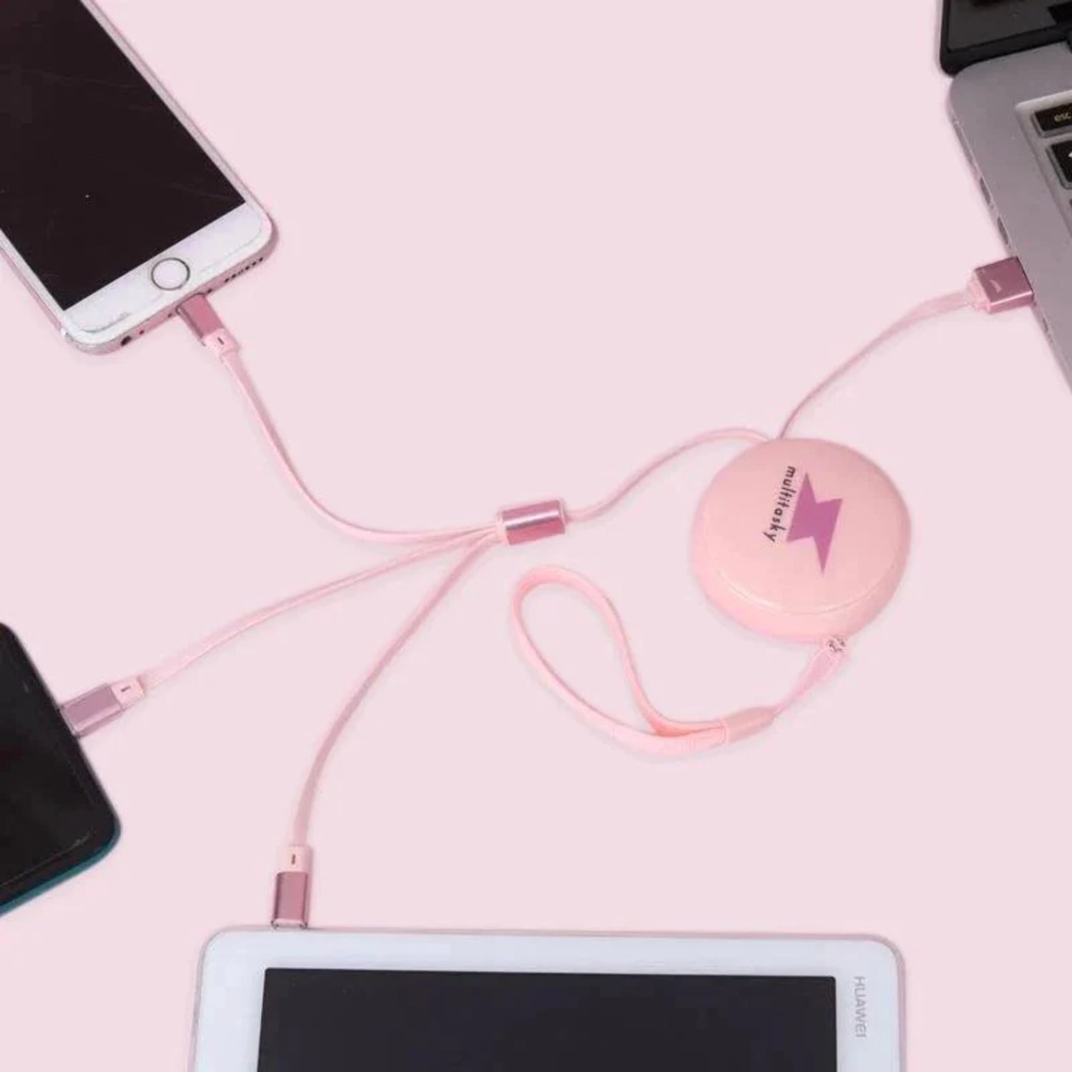 Multitasky Retractable 3-Port USB Keychain - Pink
