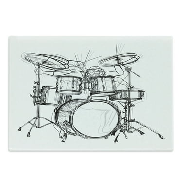 Rock Music Cutting Board, Doodle Drawing Sketch Drummer Musical Inspirations Monochrome Arrangement, Decorative Tempered Glass Cutting and Serving Board, Large Size, White and Black, by Ambesonne