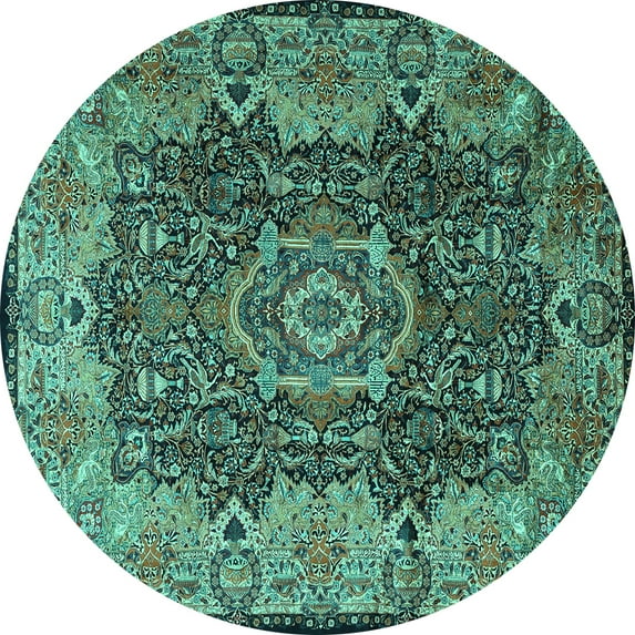 Ahgly Company Machine Washable Indoor Round Persian Turquoise Blue Traditional Area Rugs, 7' Round
