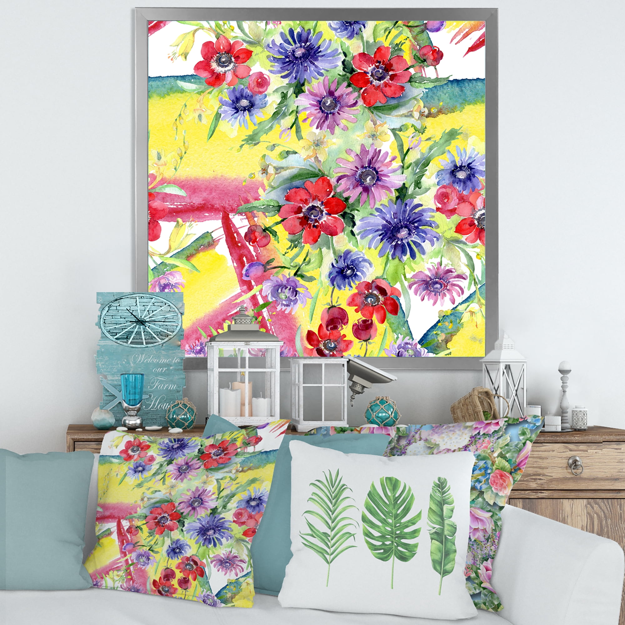 Designart 'Wildflowers and Vibrant Wild Spring Leaves V' Modern Framed Art Print