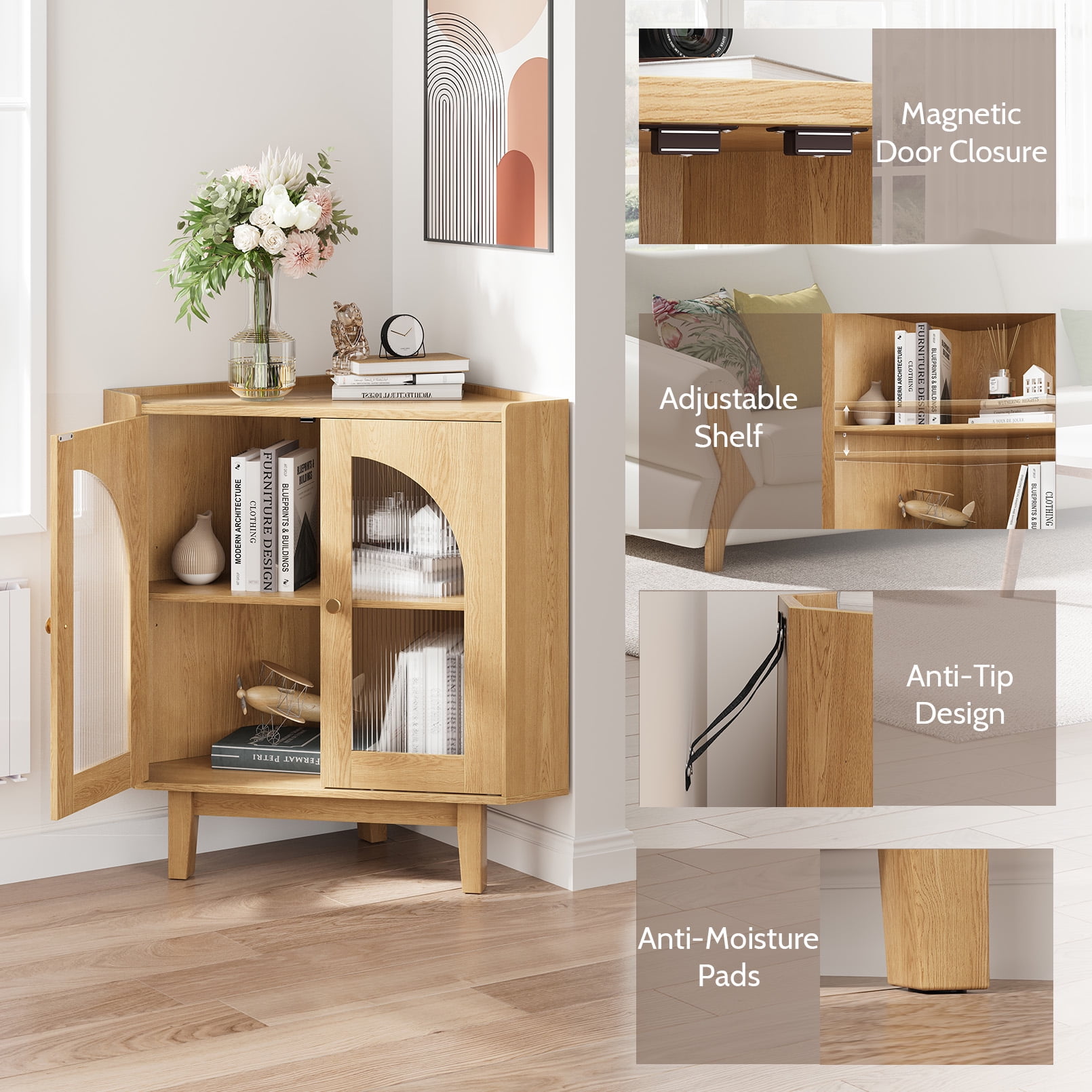 Vividwood Floor Corner Cabinet with Doors and Shelves, Fluted Storage Cabinet Freestanding Corner Cabinet for Bathroom, Kitchen, Living Room, Wood