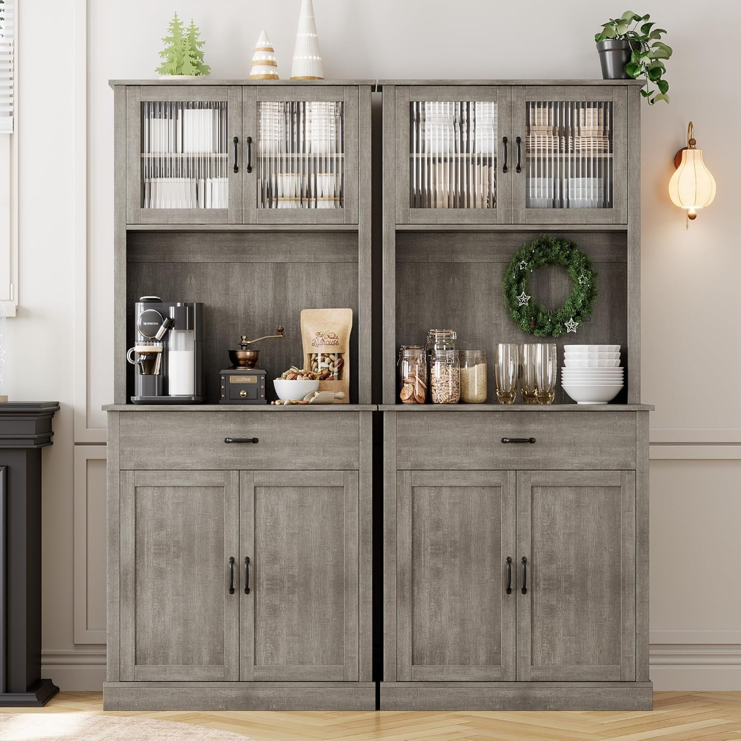 Garvee 71" Tall Kitchen Pantry Cabinet with Glass Doors, Microwave Stand, Adjustable Shelves, and Spacious Storage, Modern Freestanding Buffet Cabinet for Dining Room and Kitchen, Gray