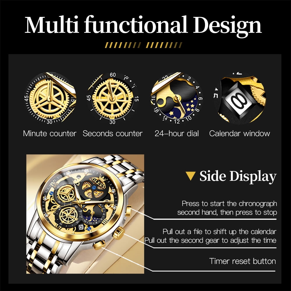 OLEVS Watches for Men Business Dress Luxury Analog Quartz Chronograph Two Tone Gold Plated Stainless Steel Waterproof Luminous Date Casual Mens Wrist Watches Reloj Para Hombre