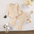 thumbnail image 2 of masbird Newborn Baby Girl Clothes Solid Color Rib Frill Long Sleeve Romper Flared Pants Headband Set 3pcs Fall Winter Outfits 0 3 6 12 18 24 Months(Beige,9-12 M), 2 of 4