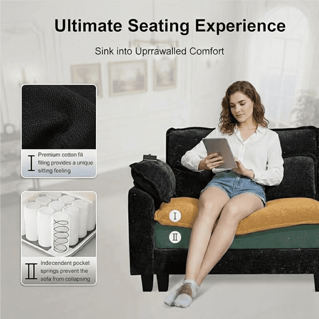 Howcool 113" Modular Sectional Sofa, L-Shaped 3 Seater Cloud Couch with Movable Ottoman, Deep Seat Chenille Sofa with USB Charging Ports & Side Pockets for Living Room, Black