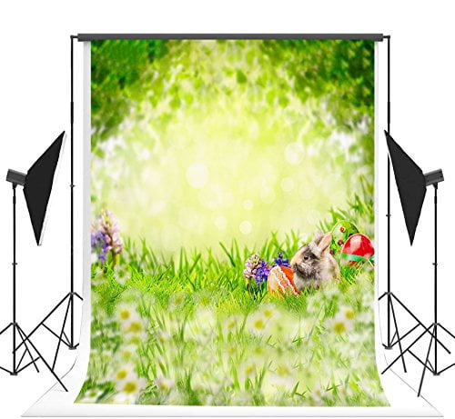 ABPHOTO Polyester Spring Green Backdrop Happy Easter Background for Photography Grass Rabbit Eggs Bokeh Backdrops Photo Booth 5x7ft