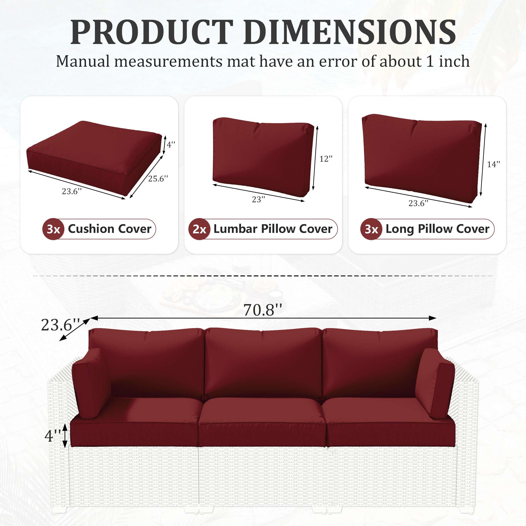 Kimunuk Outdoor Replacement Cushions for Patio Furniture, 4" Foam High-Density, 8-Piece Water-Resistant Outdoor Cushion for 3-Seat Sectional Patio Conversation Sets, Liner&Cover, Burgundy