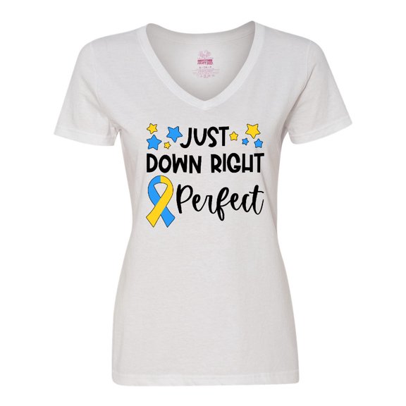 Inktastic Just Down RIght Perfect Down Syndrome Awareness Ribbon Women's V-Neck T-Shirt