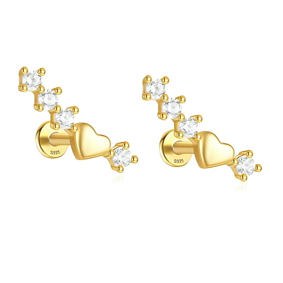 Heart Crawler CZ Flat Back Earrings for Cartilage Helix Tragus Lobe Gold Plated Sterling Silver 1 pair by Ginger Lyne