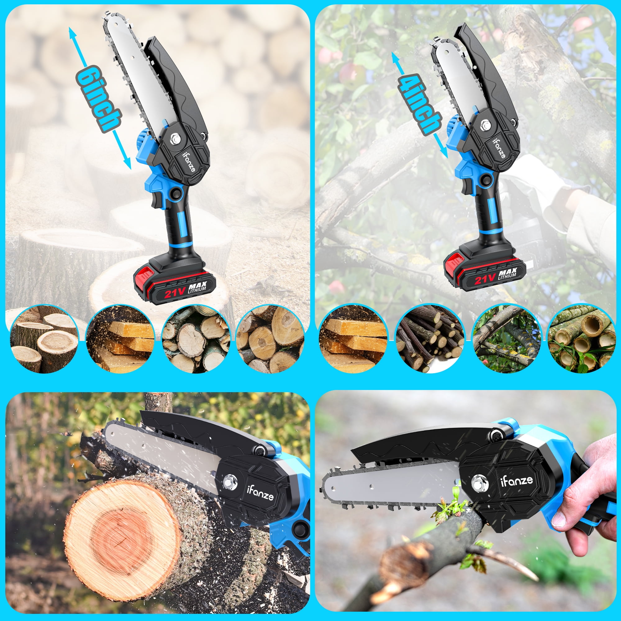 Qunler 6 inch & 4 inch Mini Chainsaw, 2-in-1 Cordless Power Chainsaws with 2 Rechargebale Battery, Electric Pruning Saw for Garden Outdoor Tree Trimming Branch Wood Cutting