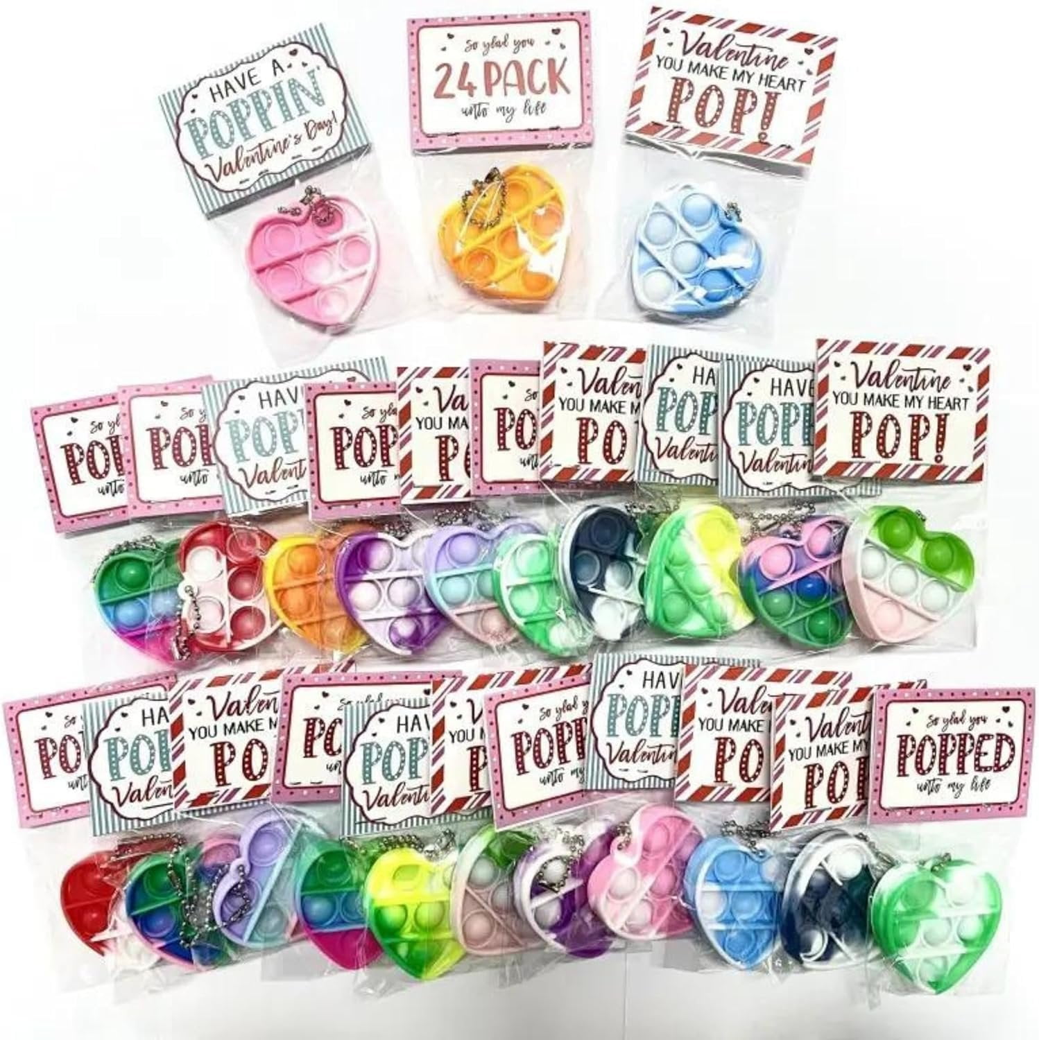 Heart Pop It Bracelet Valentines Class  24 Pack School Fidget Toys Unique Vday Bulk Hearts Cards Poppin in Happy Vday