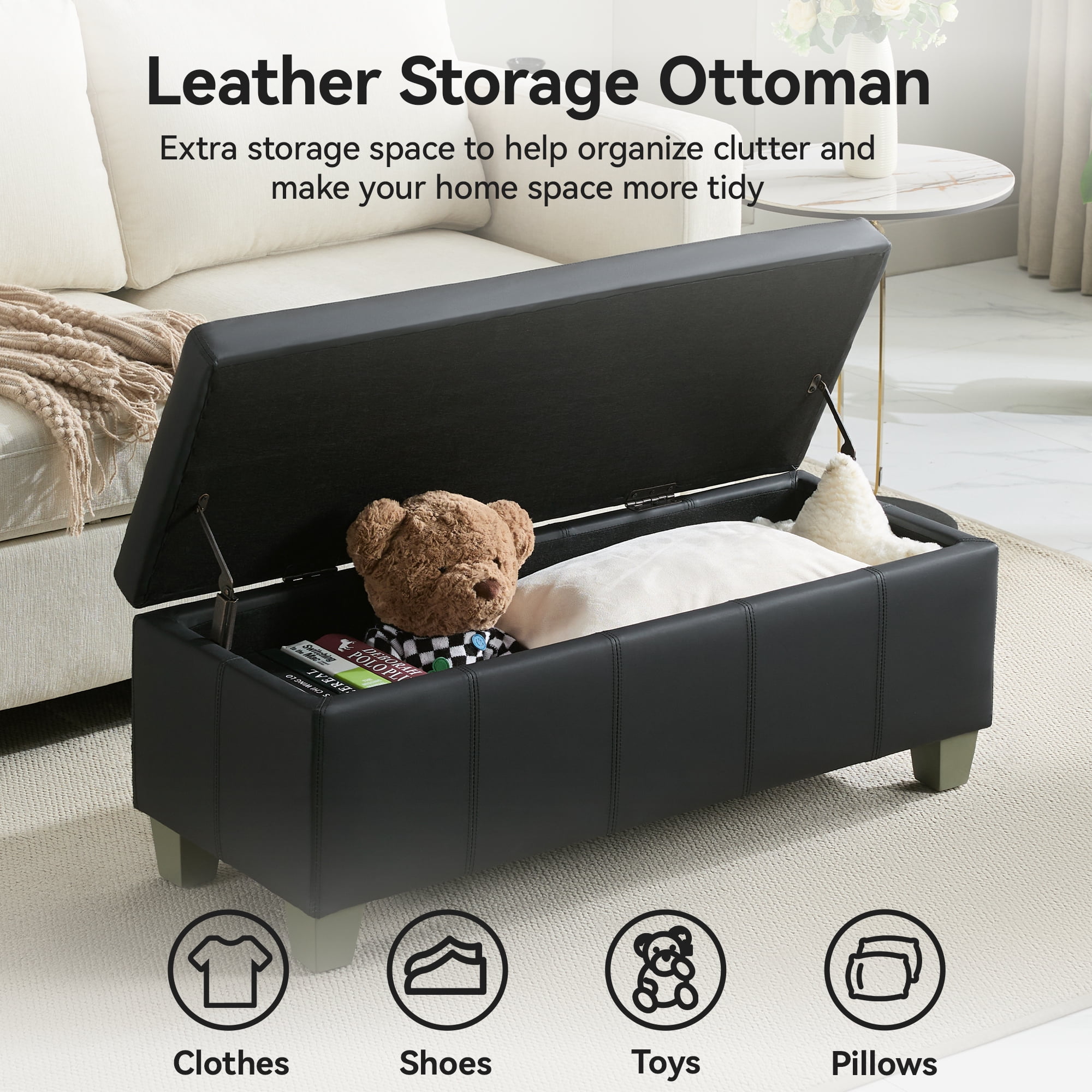 41'' Faux Leather Storage Ottoman Bench, Rectangle Upholstered Storage Bench with Wooden Legs, Stitch Tufted Bench with Storage for Bedroom, Living Room, Entryway, Dark Black