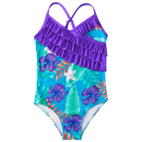 LNMQLPDBS Girls Swimsuit Adjustable Shoulder Beach Beach Swimwear Tropical Botanical Floral Printed Ruffle Trim Spaghetti Straps Back Cross One Pieces Swimsuit 5t Girls Summer Hawaiian Bathing Suit