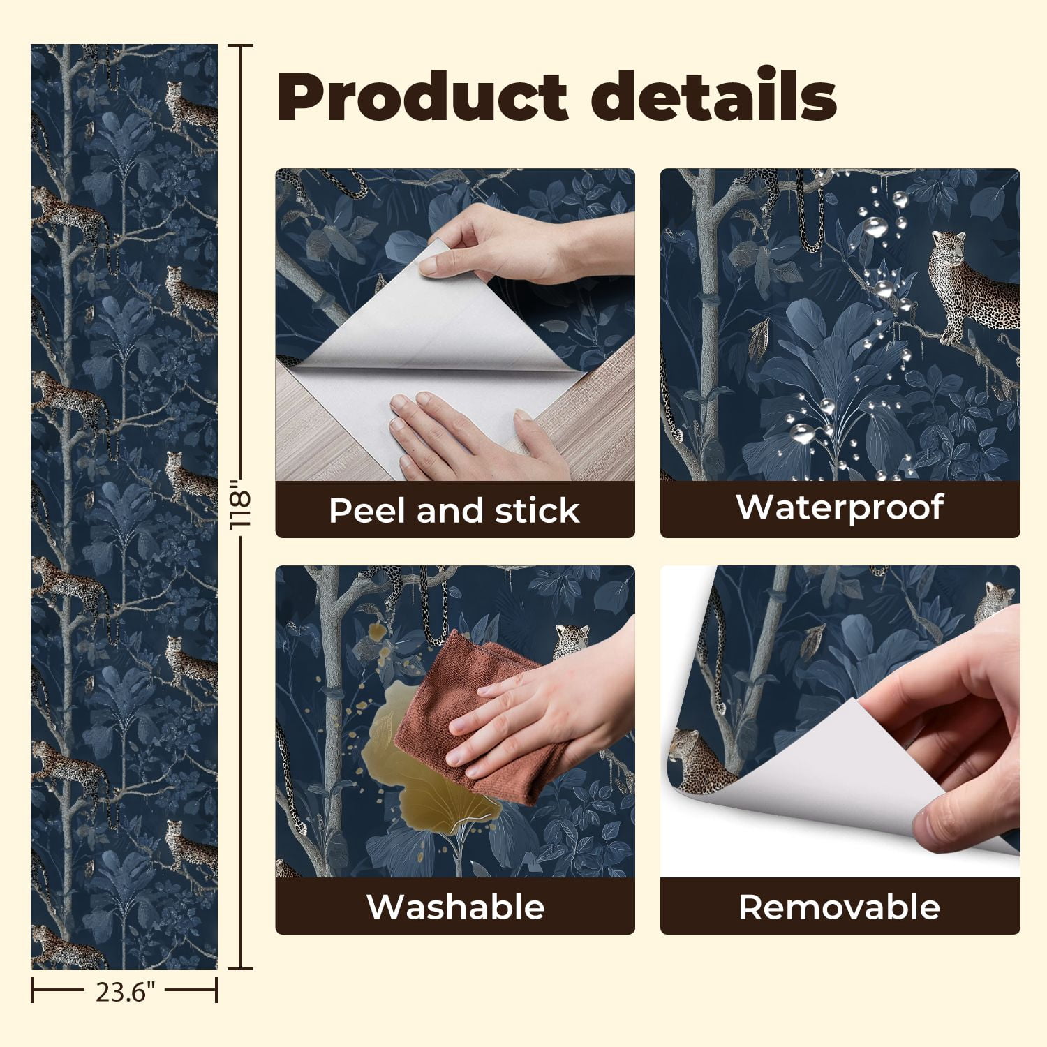 Peel and Stick Wallpaper Leopard Jungle Dark Blue Foliage Exotic Plants Wall Mural 23.6in x 9.8ft Self Adhesive Removable Wall Paper Renter Friendly Wallpaper for Nursery Bedroom Cabinets