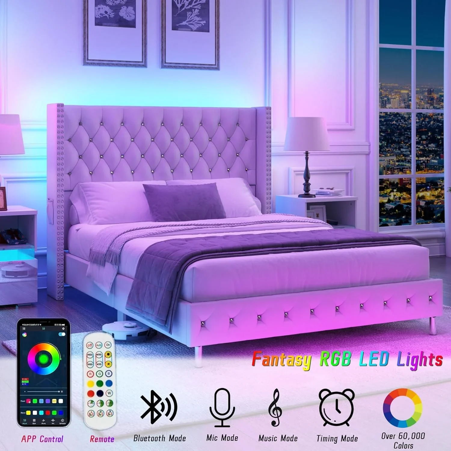 Blotout- Queen LED Upholstered Bed Frame with Wingback Headboard, Velvet Diamond Button Tufted Bed Frame USB & Type-C Ports and Side Pockets, Wood Slats Support, No Box Spring Needed