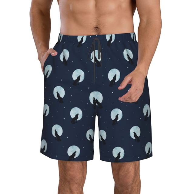 Balery Wolf And Moon Traje de Baño Estilo Hawaiano para Hombre, Shorts de Secado Rápido con Bolsillos-Medium
