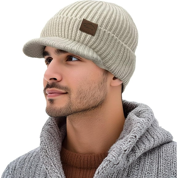 shiyou-Visor Beanie Hat for Men Winter Toque Stylish Beanies with Brim Goggles Warm Fleece Ski Skullcap Knit Watch Caps