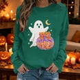 thumbnail image 2 of Women Halloween Rhinestone Graphic Crew Neck Sweatshirt, Long Sleeve Fall Casual Pullover Top for Holiday Daily Wear(Dark Green1,XXL), 2 of 6