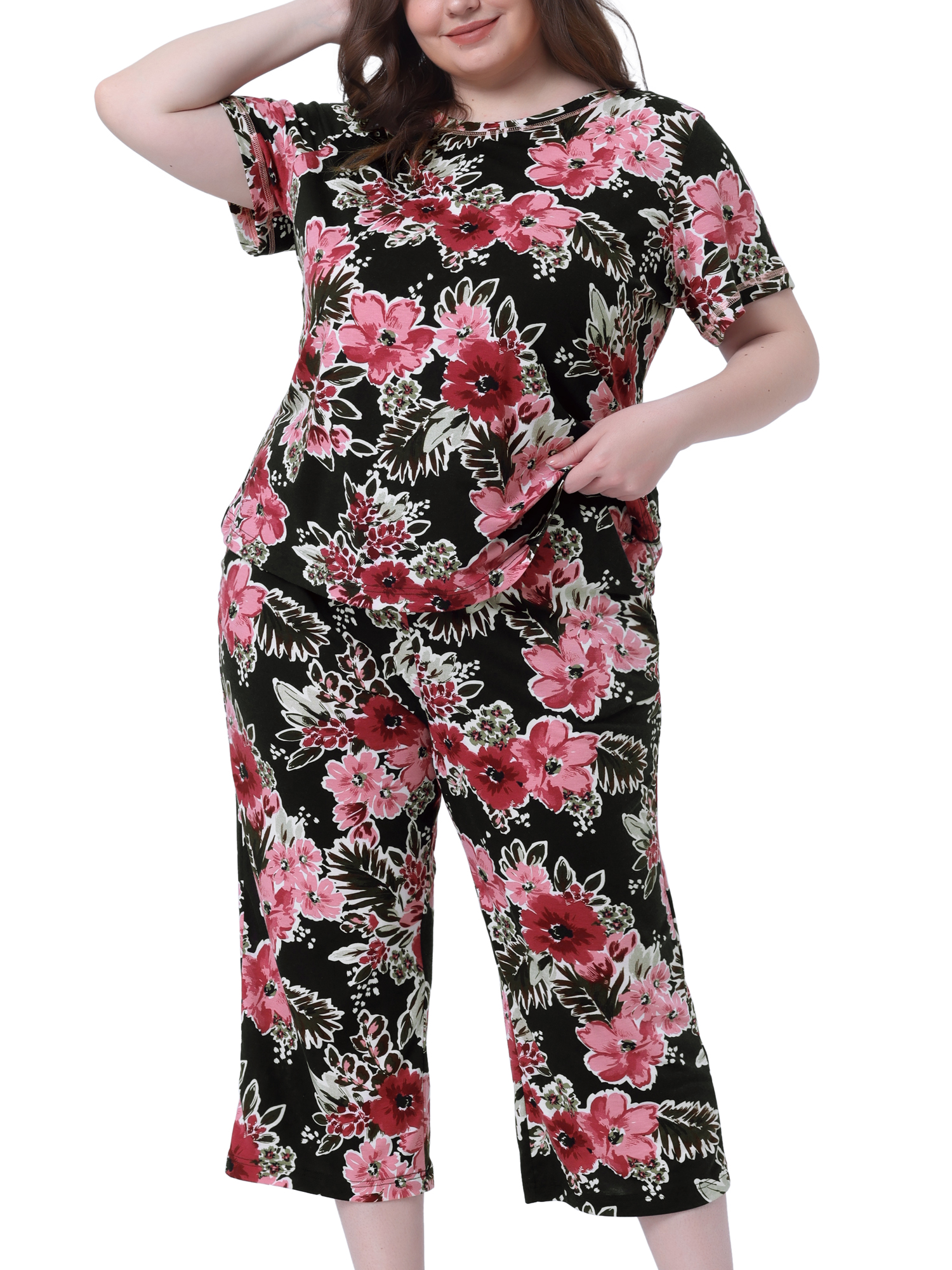 DARING DIVA Women's Plus Size 2-Piece Floral Short Sleeve Pajamas Set 3X Black