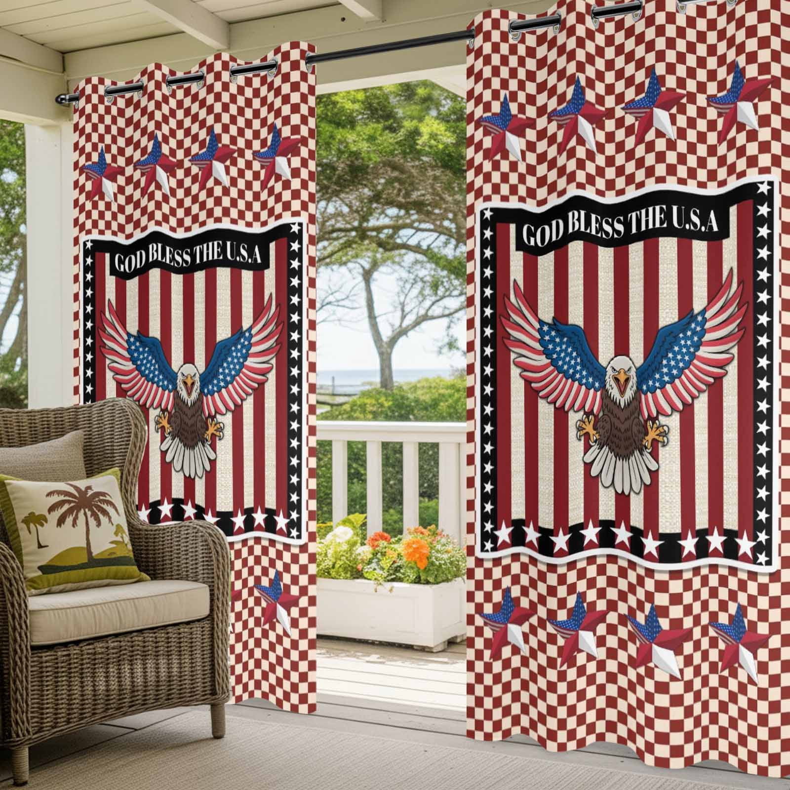 Independence Day Outdoor Curtains for Patio, Red Blue Bald Eagle U.S Flag Stripe Stars Sunshade Privacy Drapes Grommet Waterproof Outside Curtains for Porch/Cabana/Balcony 54"x 108", 1 Panel