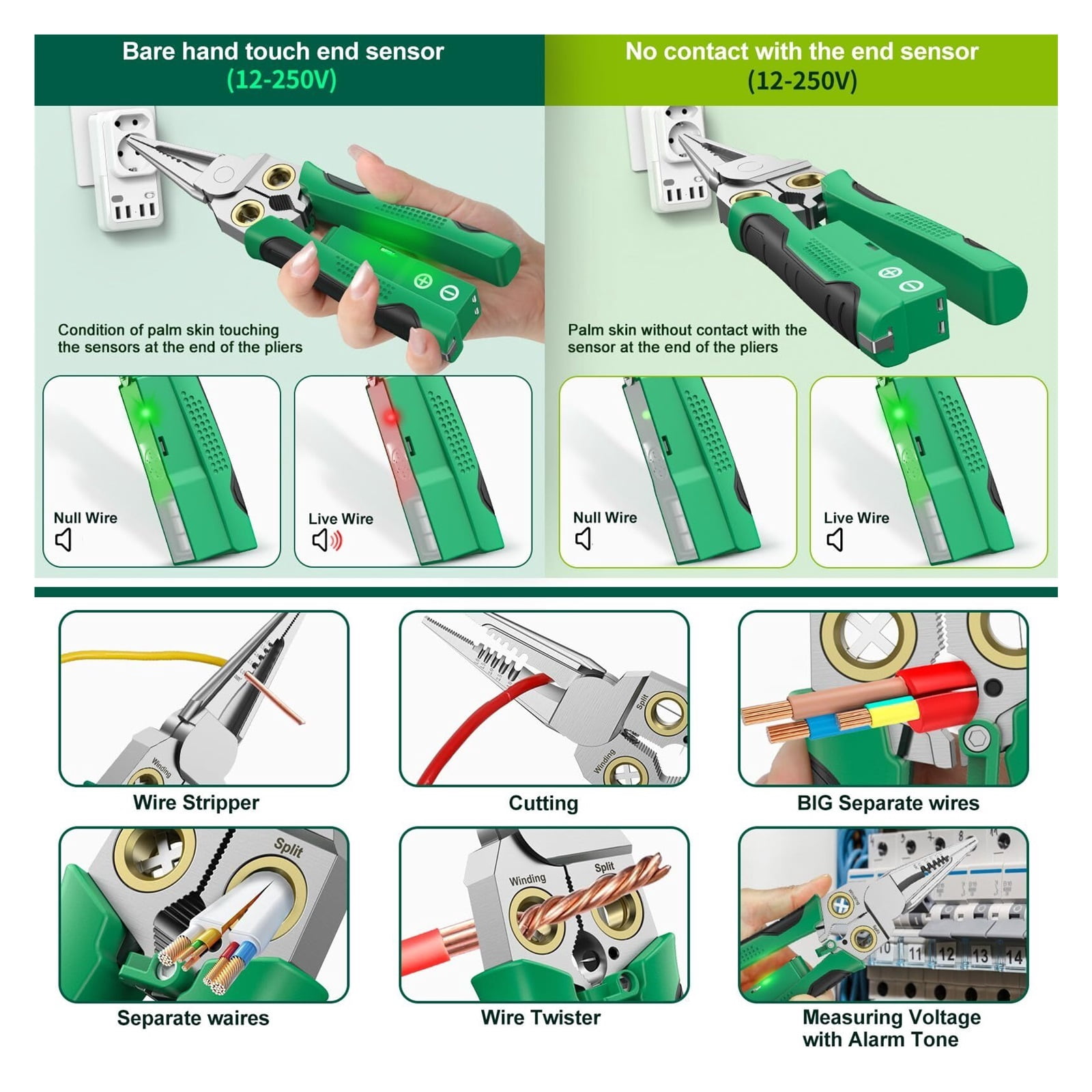 8-in-1 Wire Crimper Stripper with Voltage Detector & Dual Alarms - Heavy Duty 12-250V AC/DC Tester for Hot/Neutral Wires - Electrician, HVAC, Car Repair Tool