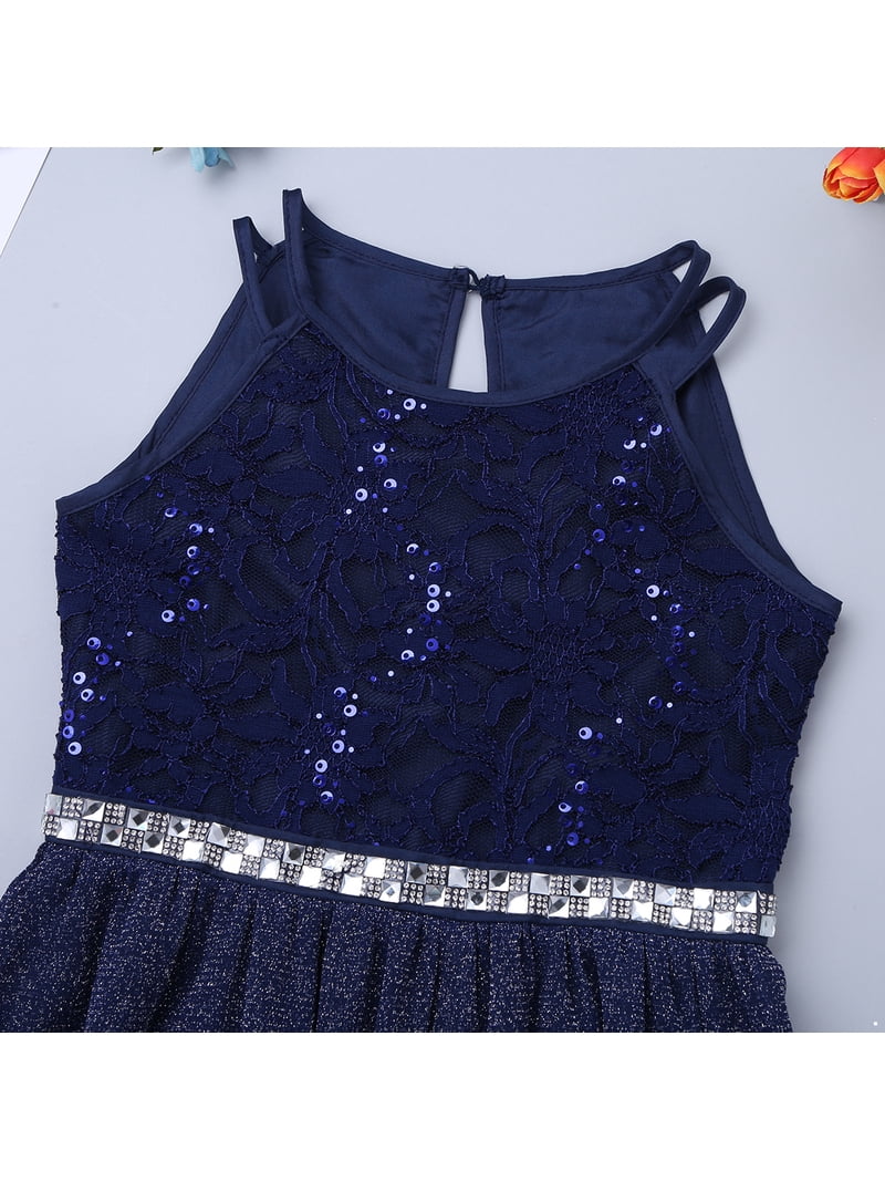 iEFiEL Big Little Girls Halter Neck Chiffon Summer Dress Sleeveless  Rhinestone Wedding Birthday Party Dress Navy Blue-A 16 - Walmart.com