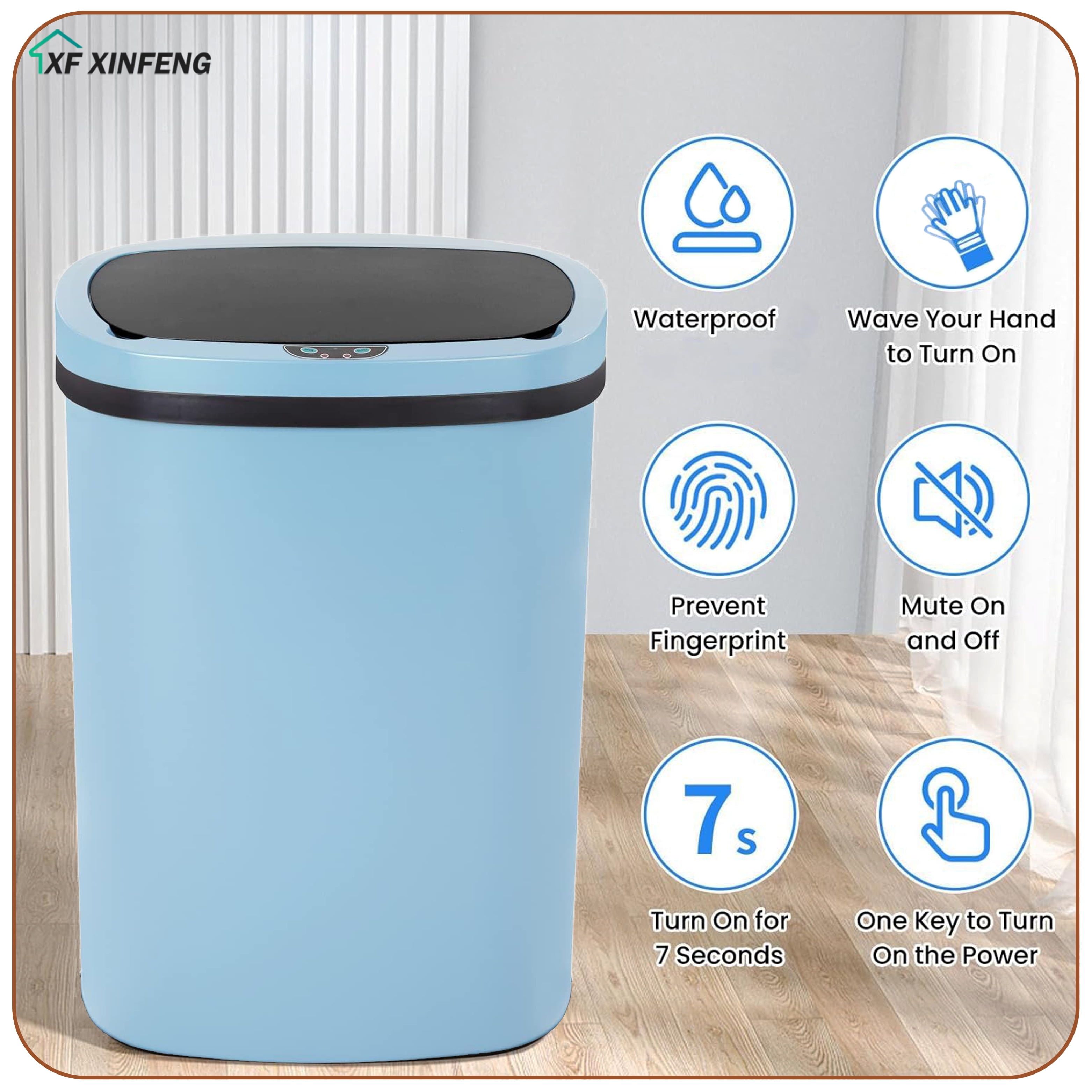 XF XINFENG 13 Gallon 49 Litre Dustbin Kitchen Trash Can with Lid Automatic Sensor Touch Bin,Garbage Can, Waste Bin, For Bathroom/Double Bed/Bedroom/Home/Office, Blue