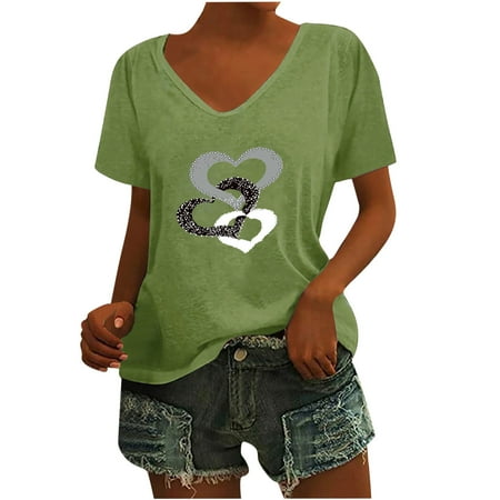 

Green Tops for Women Women Fashion Casual Printing Shirts Short Sleeve Loose Plus Size Tee Tops V-neck Blouse Green L