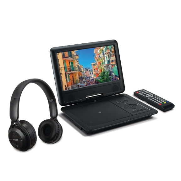 GPX 9-inch Portable DVD Player with Bluetooth Headphones and LCD Swivel Screen
