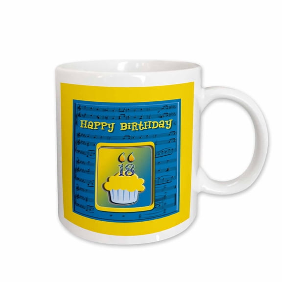 3drose, 18th Birthday Cupcake on Music Notes, Blue and Yellow, 11oz Mug