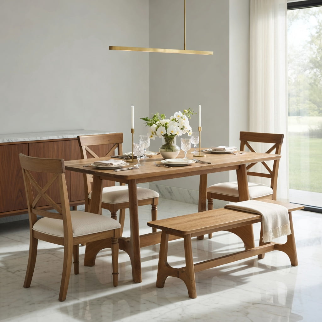 Hommoo 63-inch Solid Wood Farmhouse Dining Table for 4-6 People, Rustic Rectangle Kitchen Table with Trestle Base, Natural
