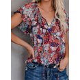 thumbnail image 5 of EVALESS Boho Womens Tops Floral Print Ruffle Short Sleeve Blouses Casual V Neck Drawstring Loose Tunic Shirt Blue XL, 5 of 8