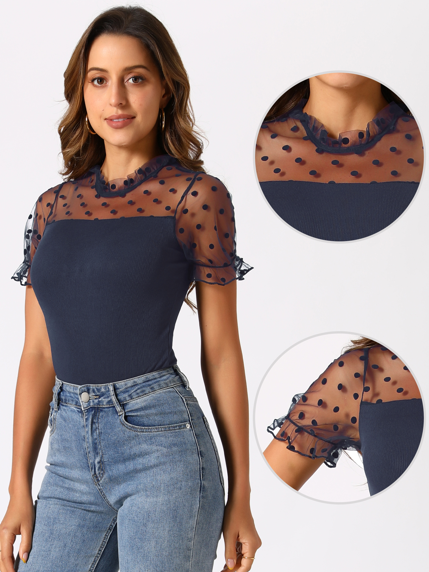 DARING DIVA Short Sleeve Polka Dots Mesh Skinny Bodysuit Top M Dark Blue