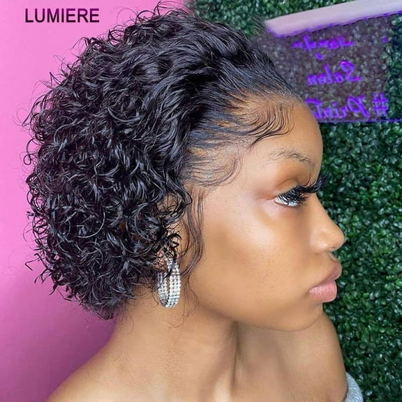 Lumiere Hai 99J Burgundy Honey Blonde 350 Colored Short Curly Pixie Cut Lace Wig Pre plucked Bob Wig 13x2 Lace Front Curly Human Hair Wigs