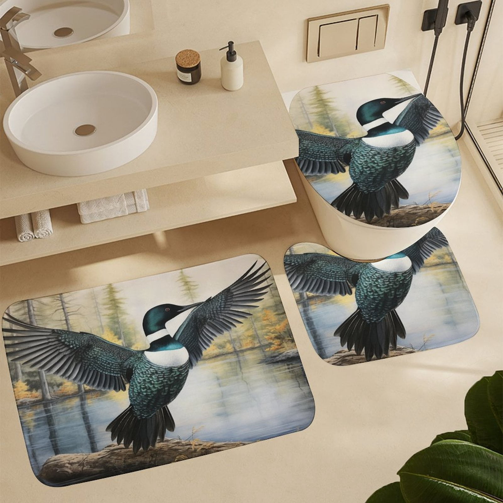 Loon Flexing His Wings 4 Pcs Shower Curtain Sets with Non-Slip Rugs Toilet Lid Cover And Bath Mat Bathroom Decor Set Loon Nature Bird Lake Water Waterproof Personality Pattern Bath Curtain