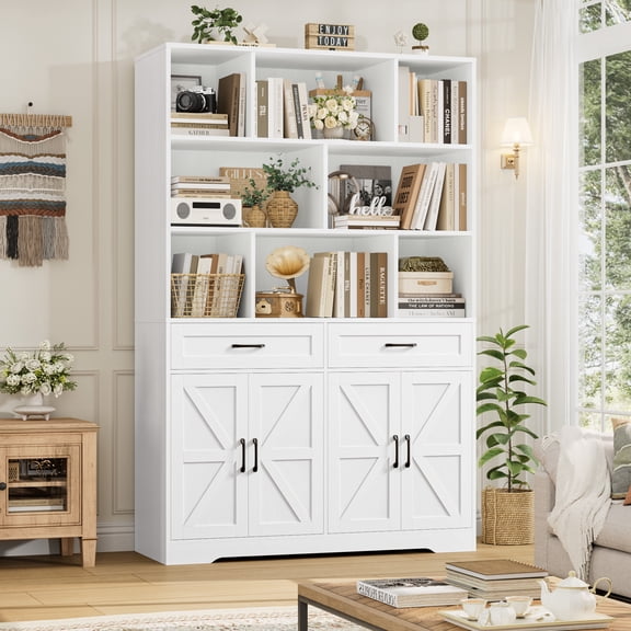 Hiphuta 71"Tall Bookcases with Drawers & Doors, 47” Wide Large Bookshelf for Home Office 6-Tier Bookshelf , Wooden Book Storage Cabinet for Home Office Living Room, White