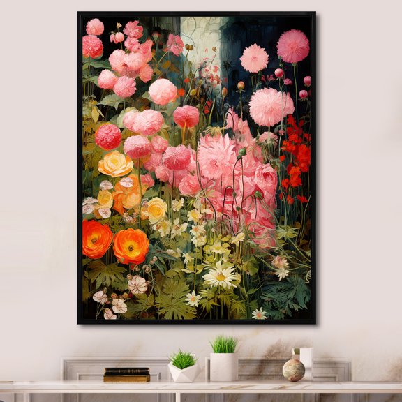 Designart "Enigmatic Pink and Green Garden Flowers IV" Abstract Framed Wall Art - Modern Pink Tachisme Living Room Framed Canvas Art