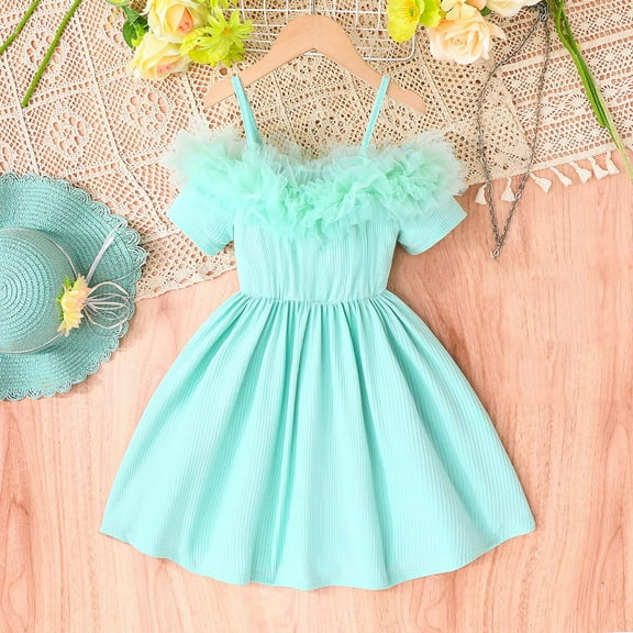 Swuxness Girl's Casual Sleeveless Princess Dress, Toddler Special Occasion Dresses, Kids Girl V Neck Mesh LaceSling Comfortable Calf Length Princess Gown Green, 5-6 Years