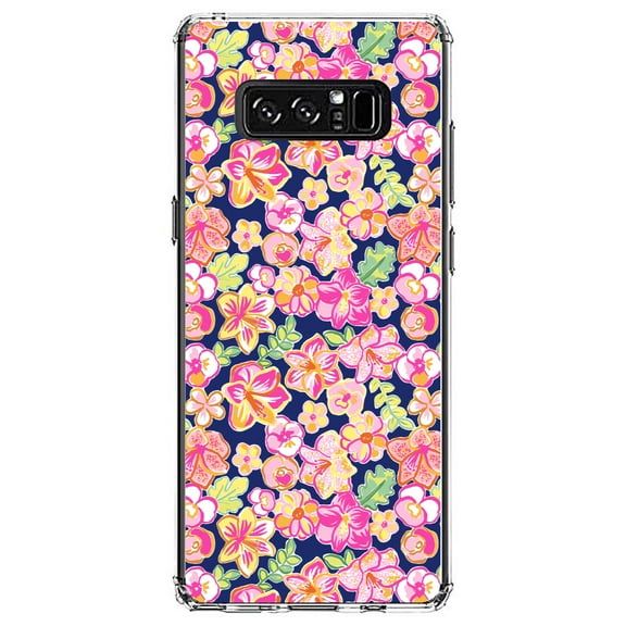 DistinctInk Clear Shockproof Hybrid Case for Samsung Galaxy Note 8 - TPU Bumper, Acrylic Back, Tempered Glass Screen Protector - Preppy Pattern - Pink Green Navy Flowers Floral