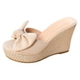 thumbnail image 6 of Womens Wedge Sandals Suede Bowtie Peep Toe Slip on Platform Heels Casual Nonslip Arch Support Summer Mules Slides Beige Size 6.5, 6 of 7