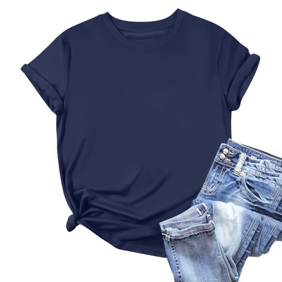 Dolkfu Blue Womens Summer Tops Crew Neck Short Sleeve Tops Stylish,Casual Solid Color T-Shirts Women'S Clothing