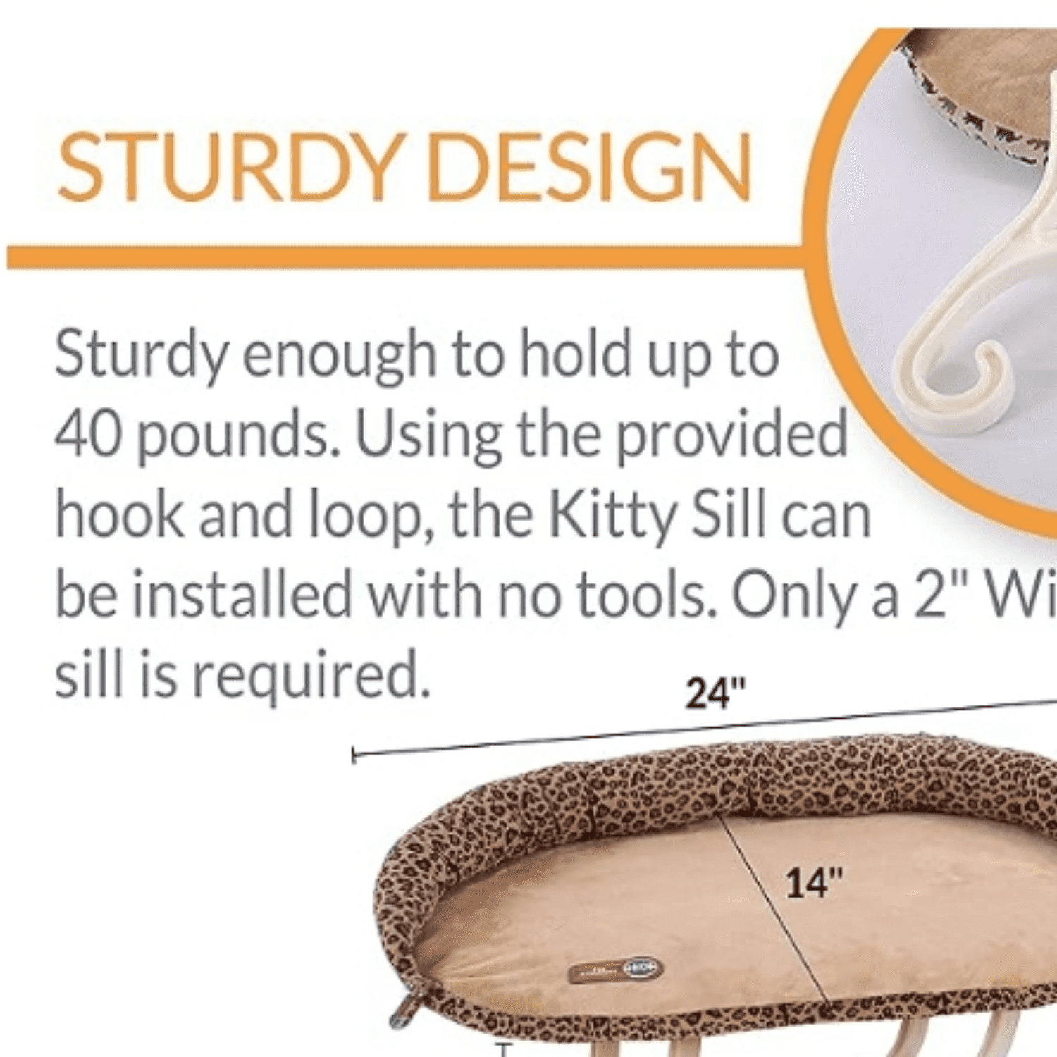 Bolster Kitty Sill Cat Window Perch Bed for Large Cats, Orthopedic Window Hammock Holds 40 lbs, Washable Cover, Indoor Windowsill Furniture Bed Seat - Tan/Leopard Unheated 14 X 24in