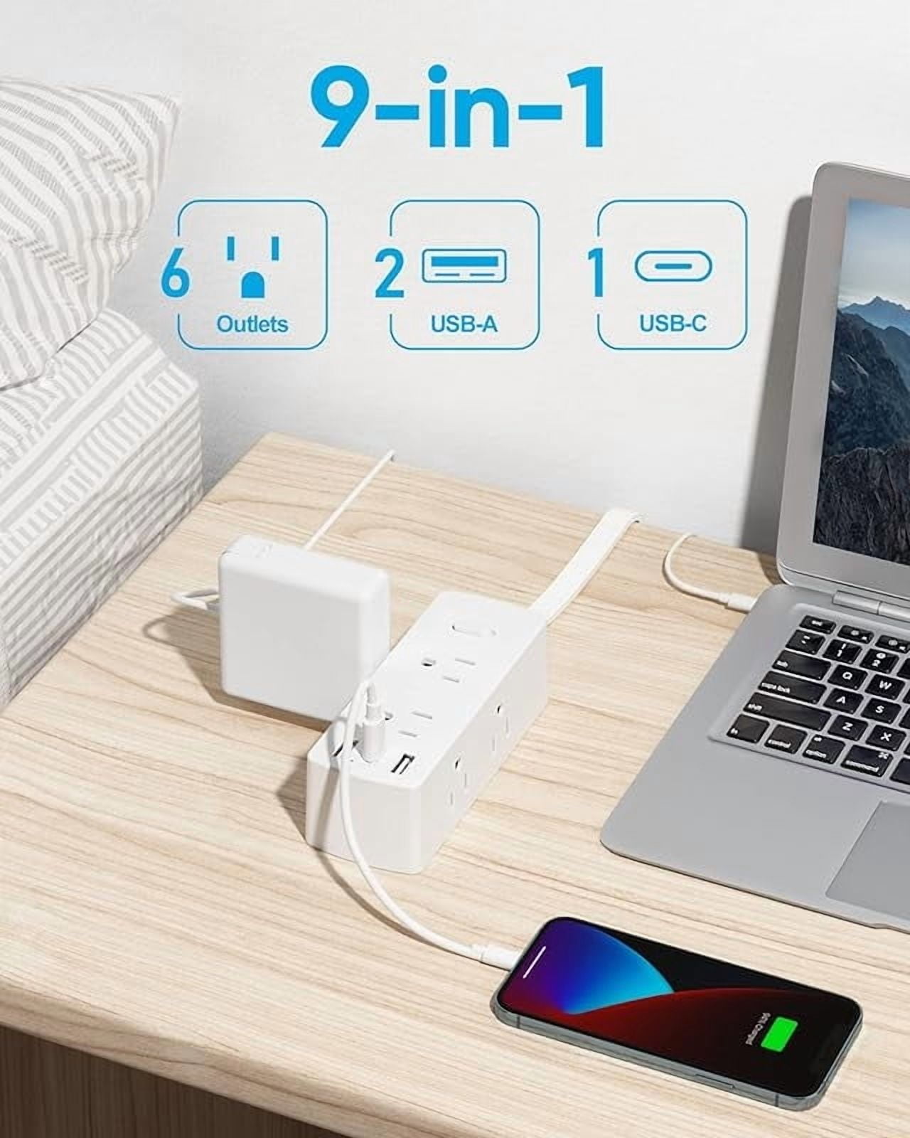 Power Strip Sur Protector, Ultra Thin Flat Plug Extension Cord 5ft, 6 Outlets 3 USB Ports(1 C), Sided Outlet Extender for Home Office Travel Dorm Room Essentials, White
