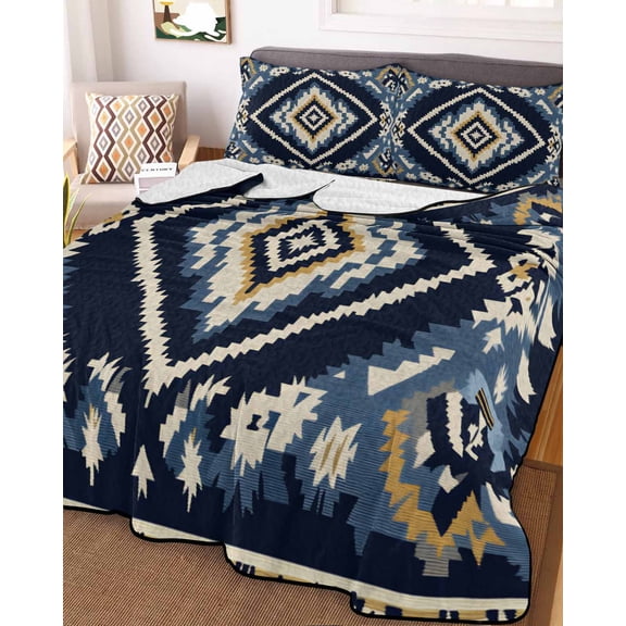 Navy Blue Brown Boho Queen Size Down Alternative Comforter, Lightweight Comforter Quilt Bedding Set with Pillow Shams Vintage Geometric Southwestern All Seasons Bed Comforter Duvet Insert 90"x96"