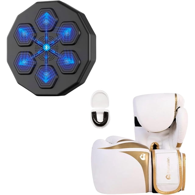 Kit de Máquina de Boxeo Musical y Guantes de Boxeo 8 Oz Bluelander con Protector Bucal, Blanco con Dorado