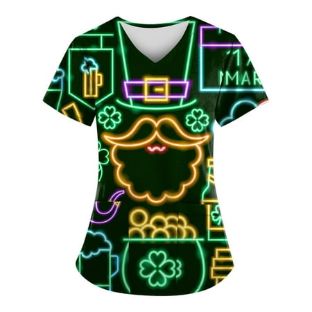 

Apepal Women Fashion St. Parklett s Day Print V-neck Short Sleeve with Pockets Scrub Tops
