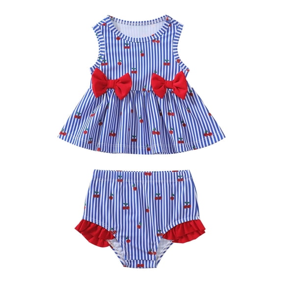 Kucnuzki 6 Months Newborn Baby Girls Swimsuit Set 12 Months Girl Stripped Bathing Suit Ruffle Sleeveless Cherry Bowknot Beach Bikini Tankini Swimwear 2pcs Blue