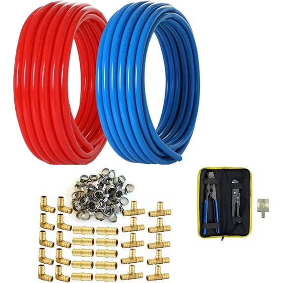 1/2 Inch PEX-B Pipe/Tool Kit, 2 Rolls Blue & Red Each 100 Feet (200 ft) Length PEX Tubing Pipes,1/2" Brass PEX Fittings-Elbow Tee Coupler(30 PCS), Cinch Clamps (100 PCS),Clamp Tool, Pipe Cutter