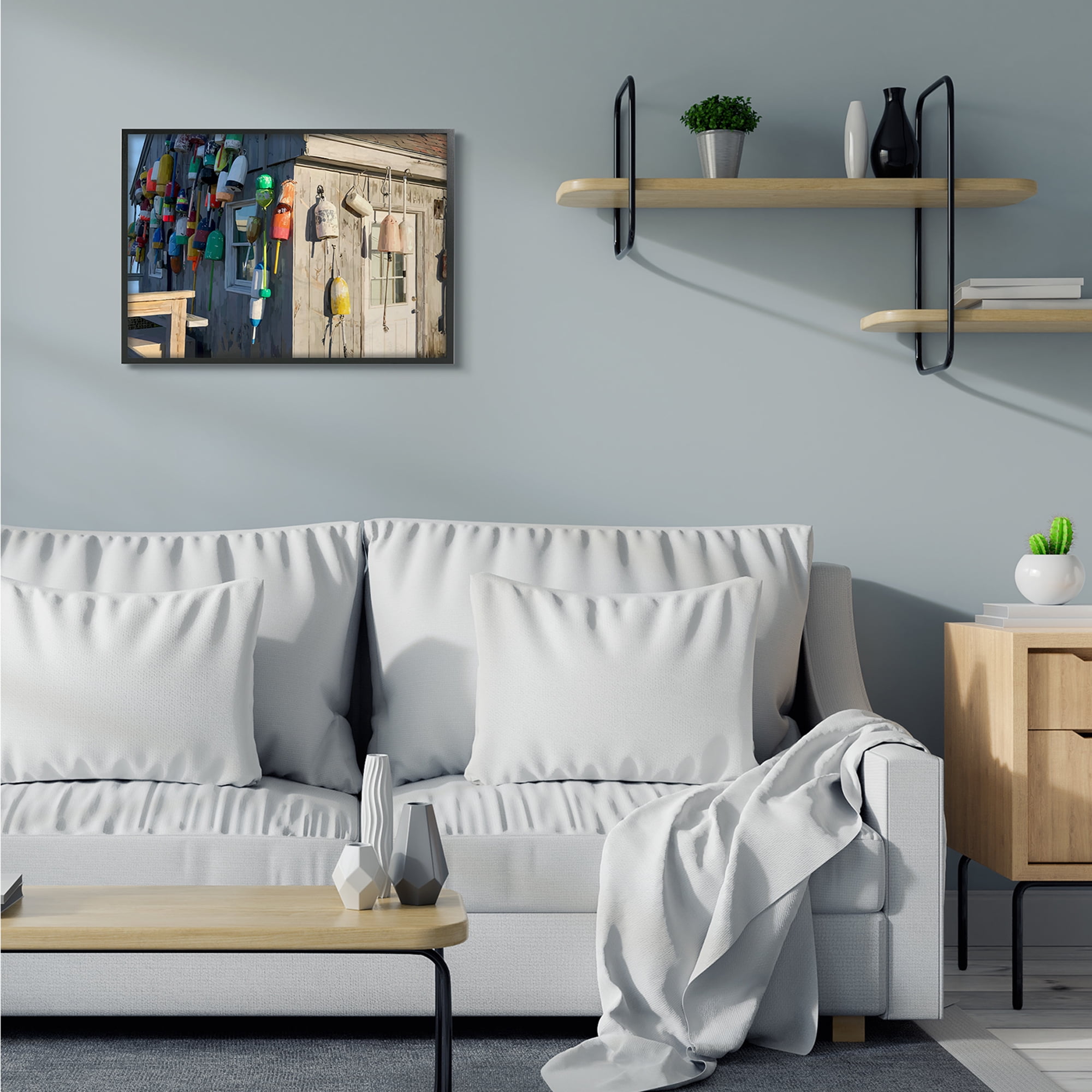 Stupell Industries Island Hut Buoy Beach Ocean Painting Framed Wall Art by Emily Kalina, 24" x 30", Black Framed