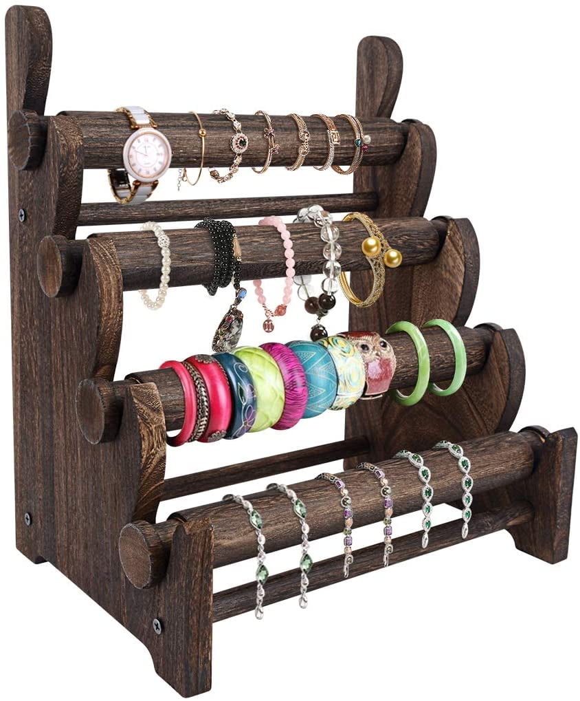 Rustic Brown 4-Tier Wooden Jewelry Bracelet Watch Stand